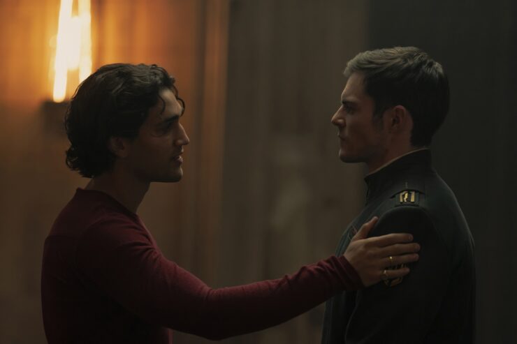 Constantine embracing Keiran Atreides in Dune: Prophecy's "In Blood, Truth"
