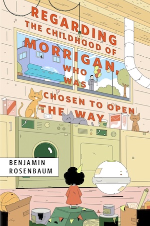 An illustration of a small child with an orb-like robot peering up at several cats on a counter.
